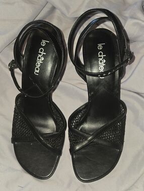 le chateau Black Woven Strappy Ankle-Heel Sandals